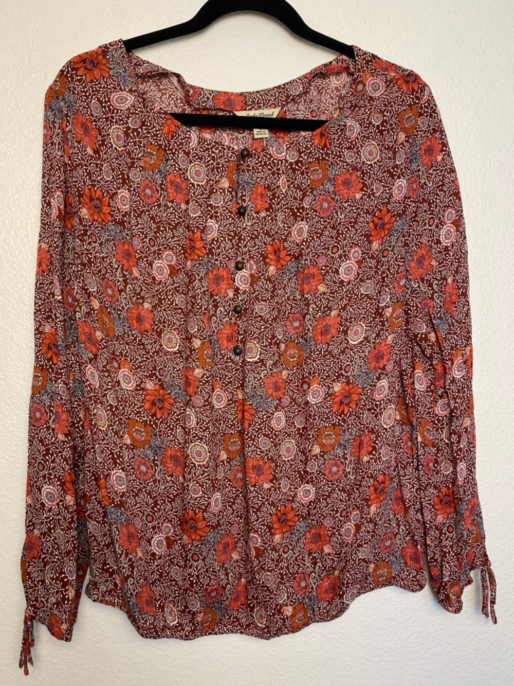 EUC 🍂 Lucky Brand Floral Button‑Front Blouse Size Large Long Sleeve Boho Top